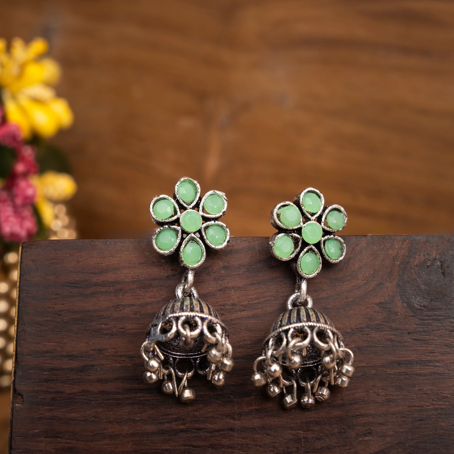 Floral flawlessness jhumki earrings (Pista)