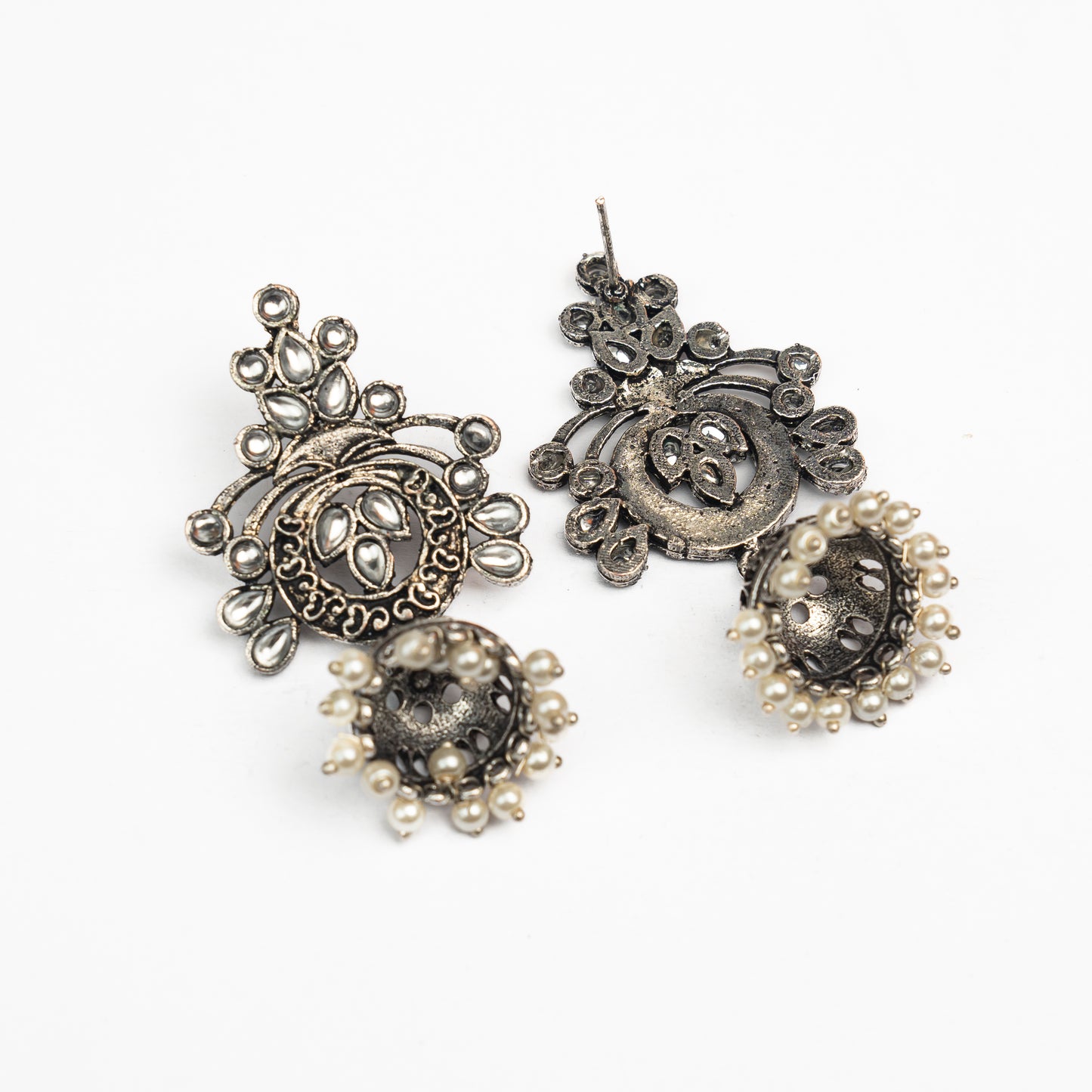 White Studded Oxidised Earrings With Hanging Jhumka