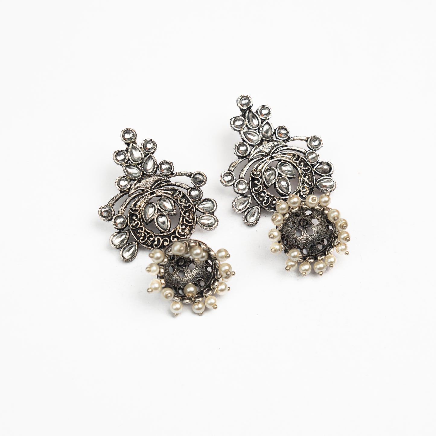 White Studded Oxidised Earrings With Hanging Jhumka