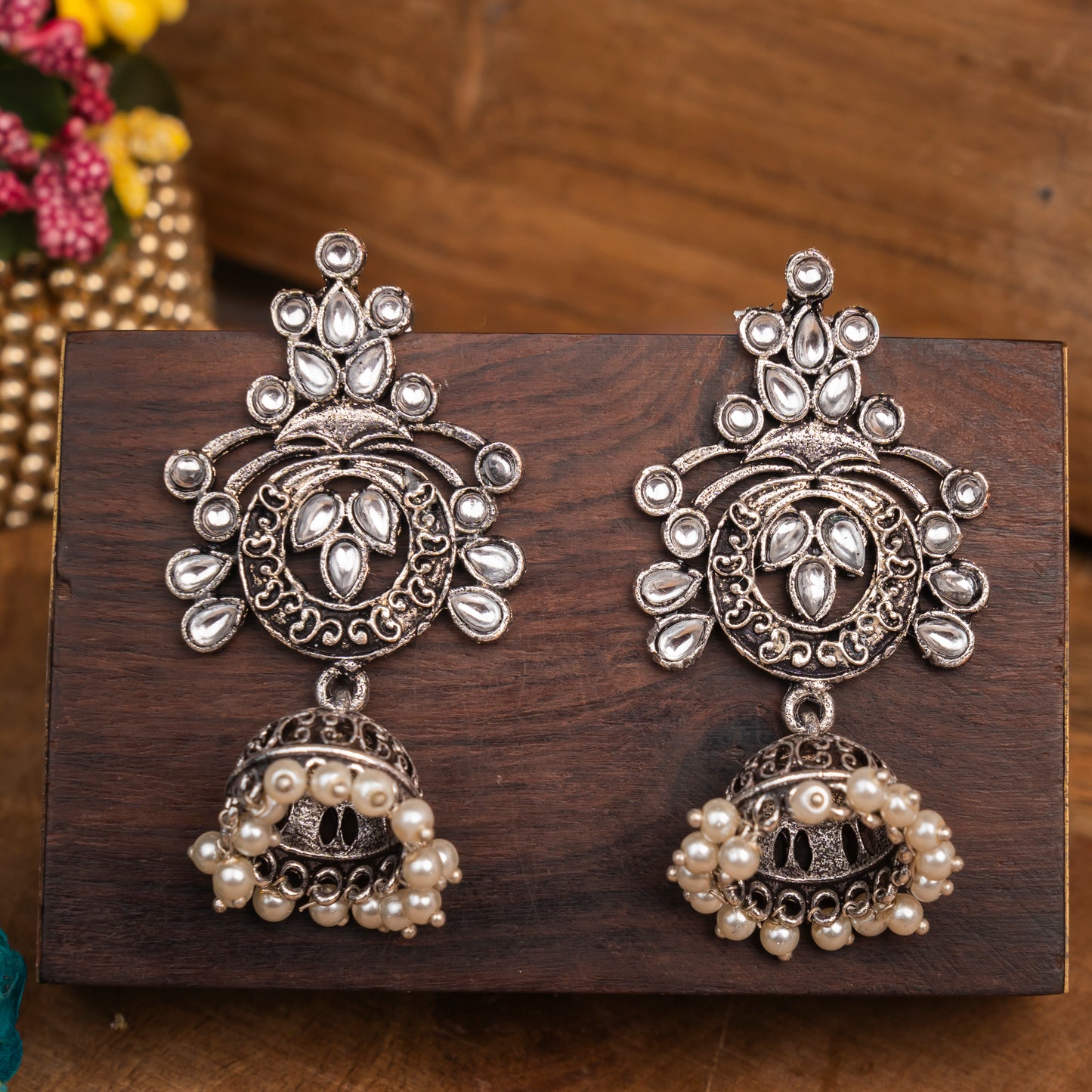White Studded Oxidised Earrings With Hanging Jhumka