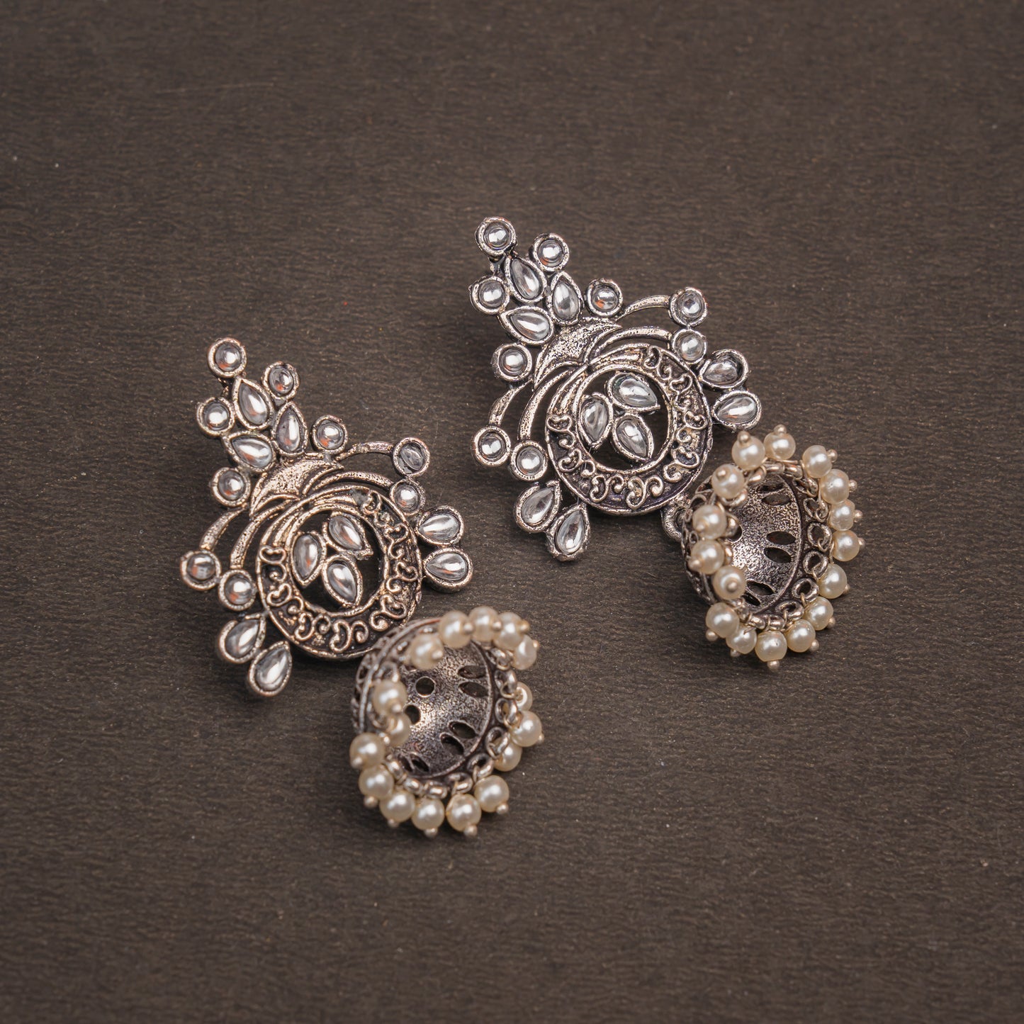 White Studded Oxidised Earrings With Hanging Jhumka