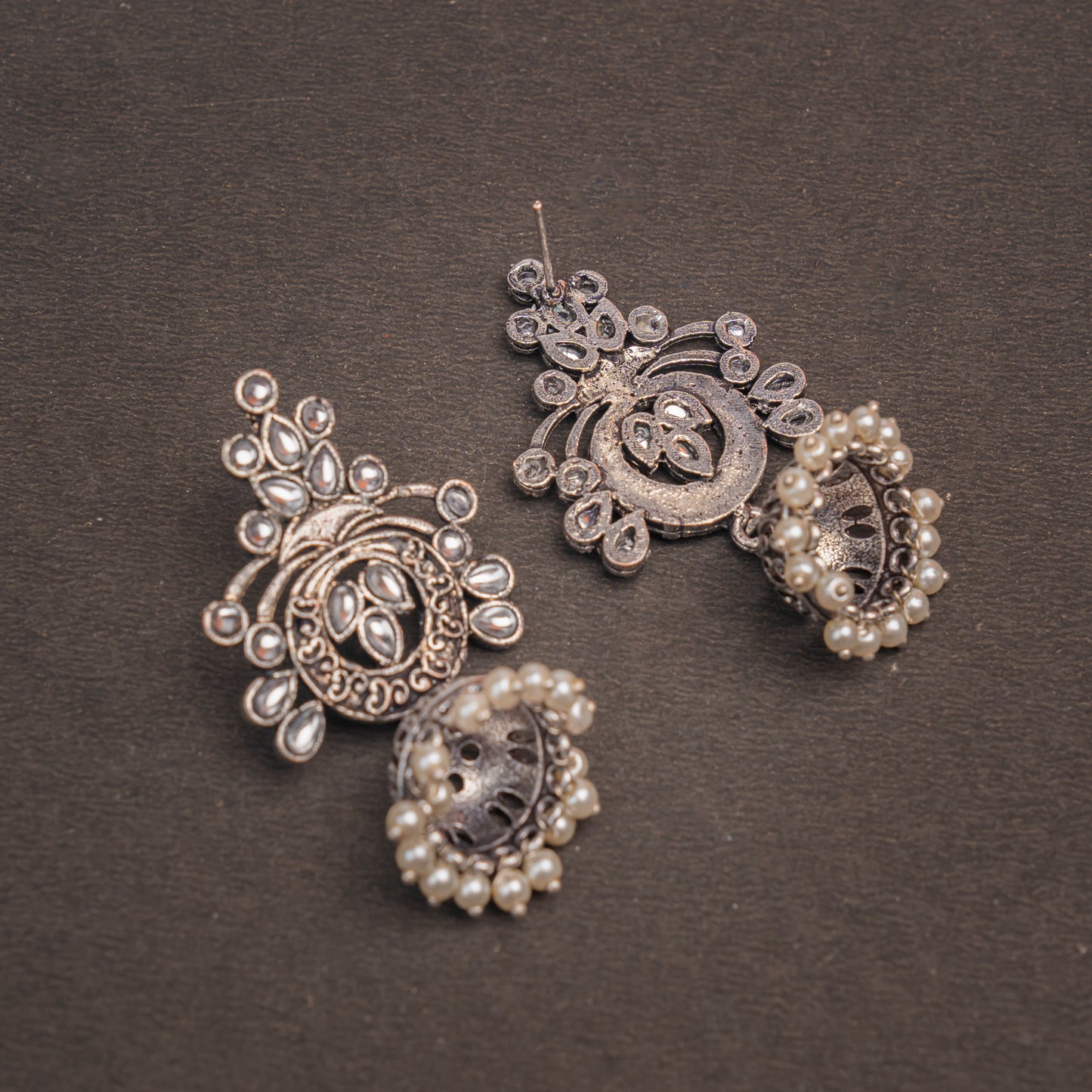 White Studded Oxidised Earrings With Hanging Jhumka