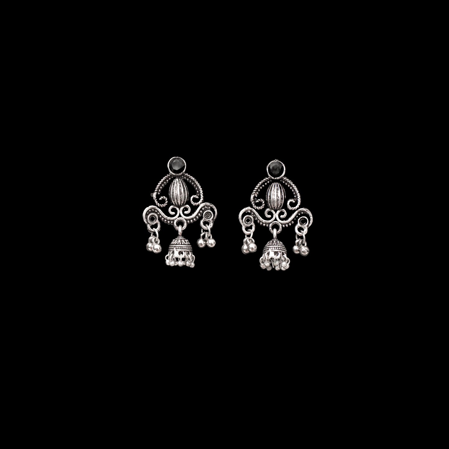 Black Stone Studded Intricate Jhumki Earrings
