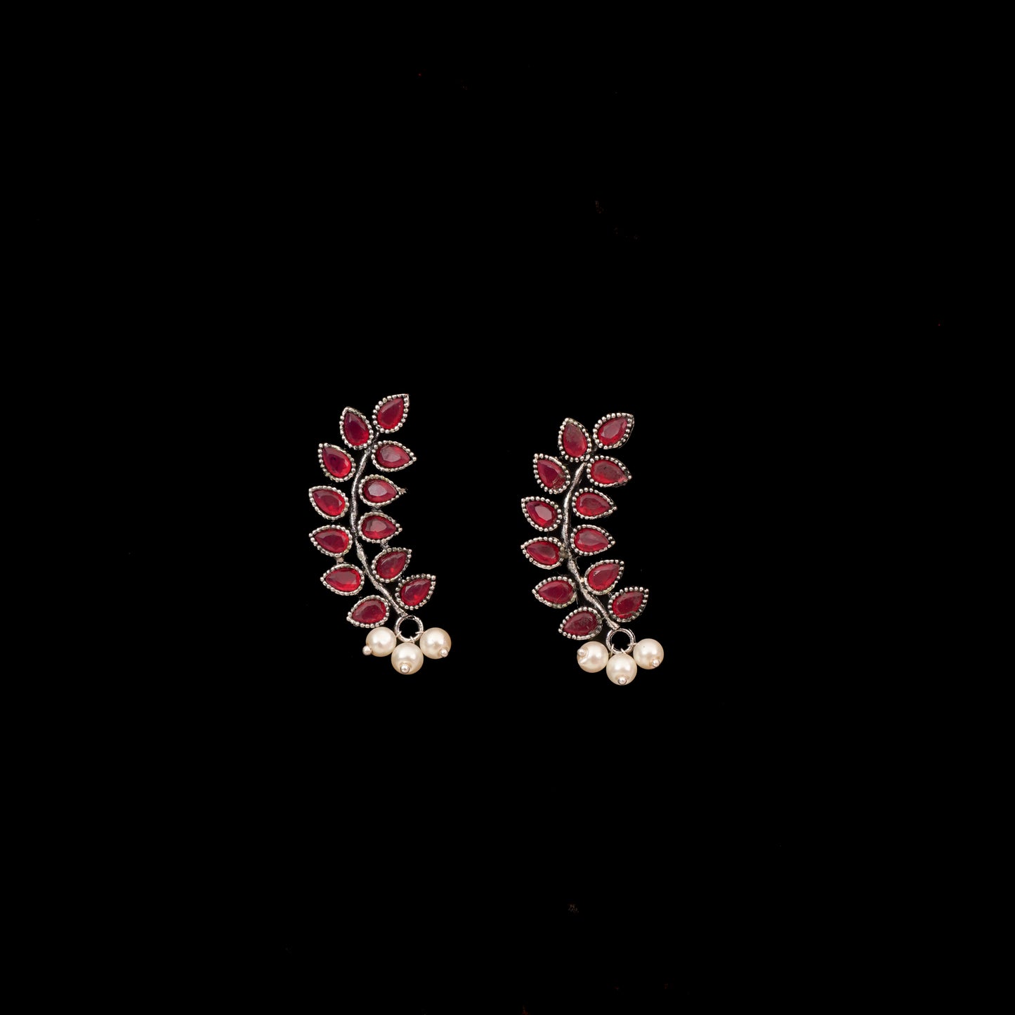 Red Stone Studded Leaves Shaped Earrings With Hanging Pearls