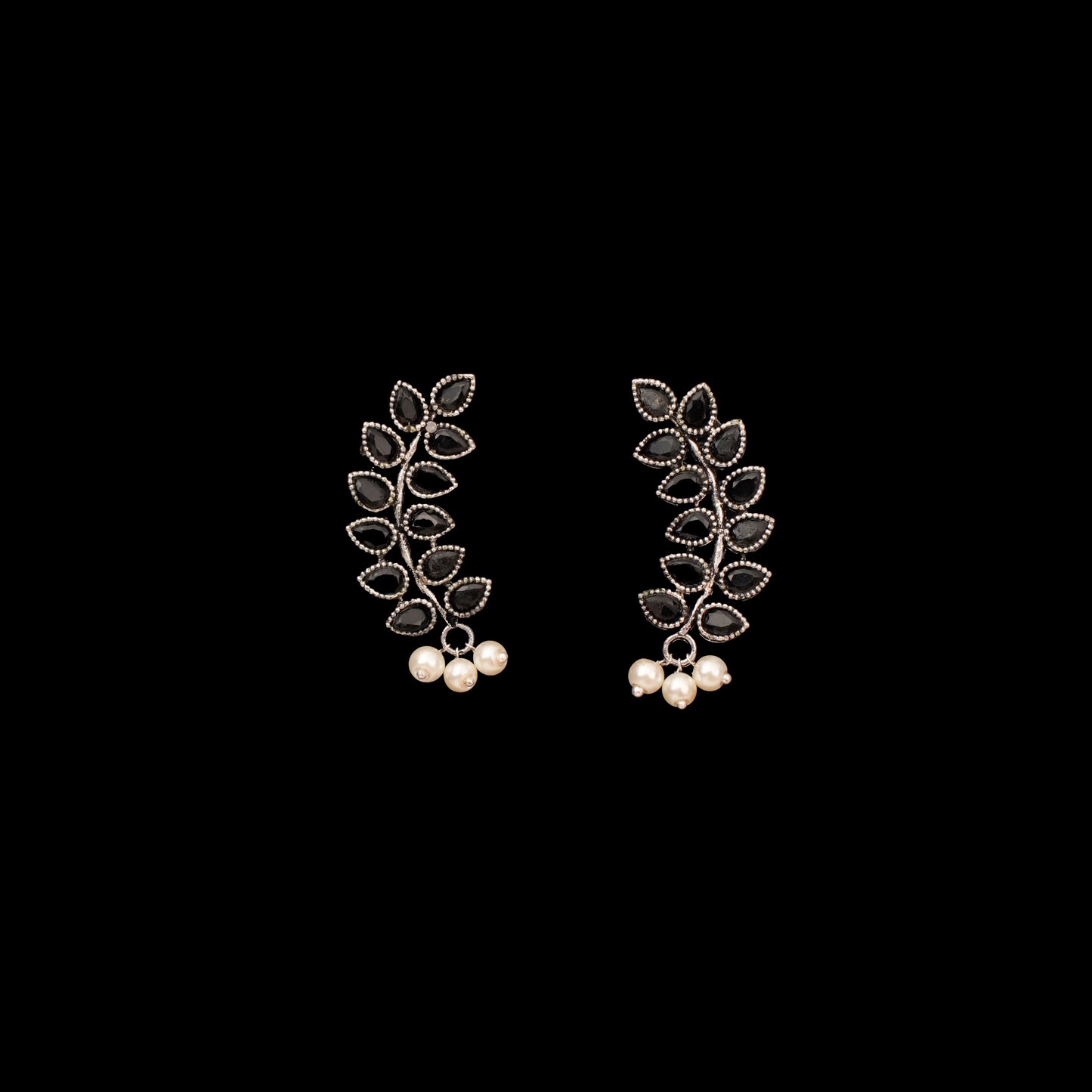 Black Stone Studded Leaves Shaped Earrings With Hanging Pearls