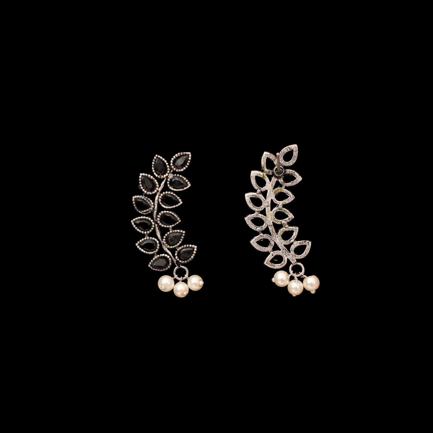 Black Stone Studded Leaves Shaped Earrings With Hanging Pearls
