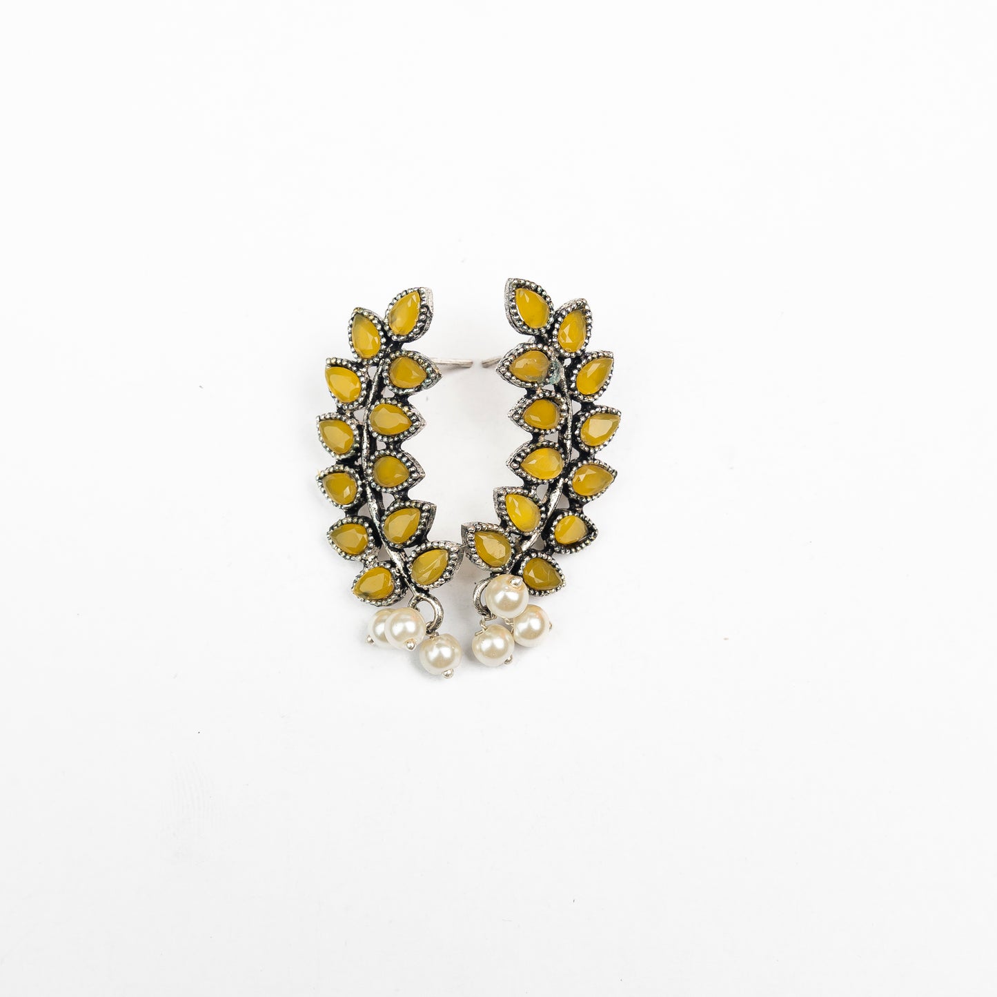 Yellow Stone Studded Leaves Shaped Earrings
