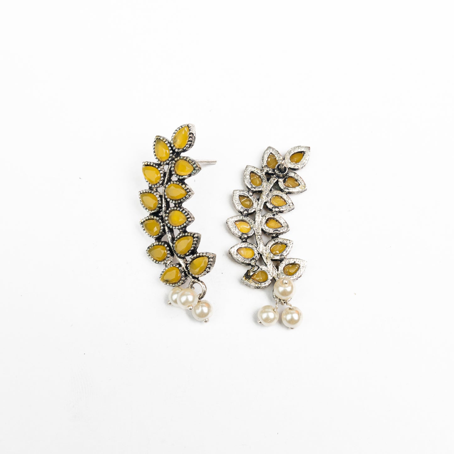 Yellow Stone Studded Leaves Shaped Earrings