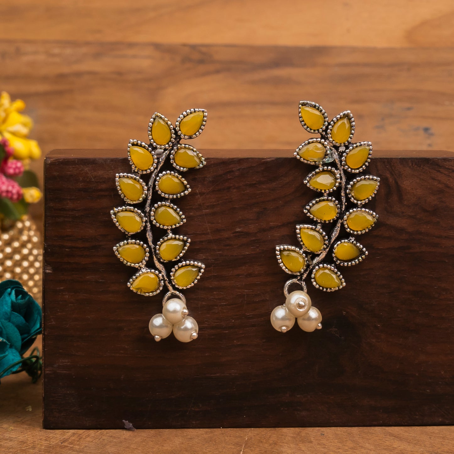 Yellow Stone Studded Leaves Shaped Earrings