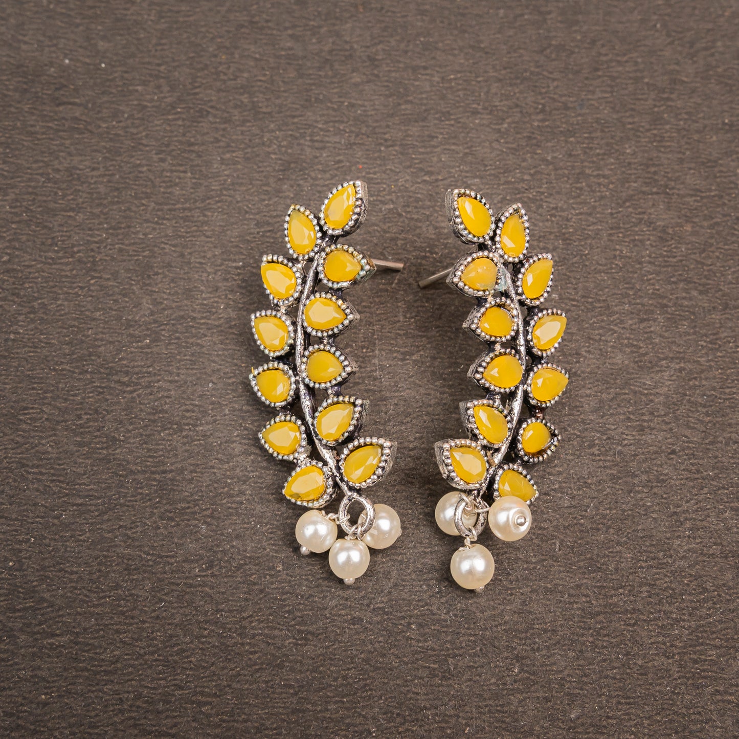 Yellow Stone Studded Leaves Shaped Earrings