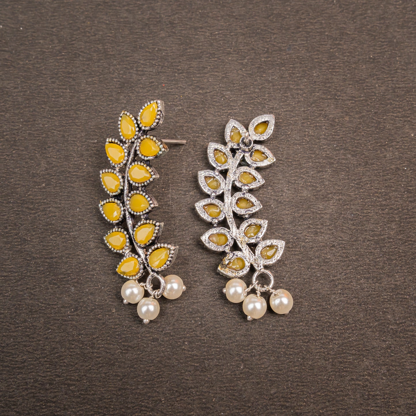 Yellow Stone Studded Leaves Shaped Earrings