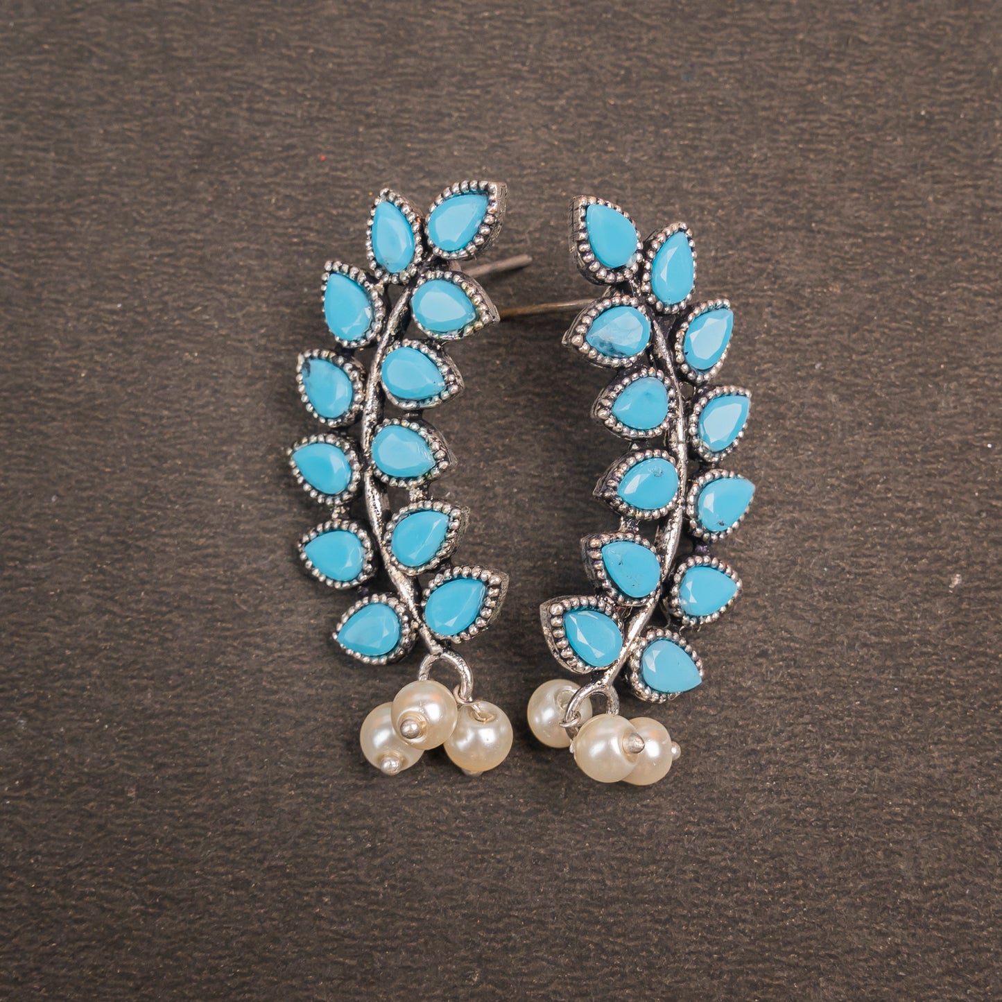 Sky Blue Stone Studded Leaves Shaped Earrings