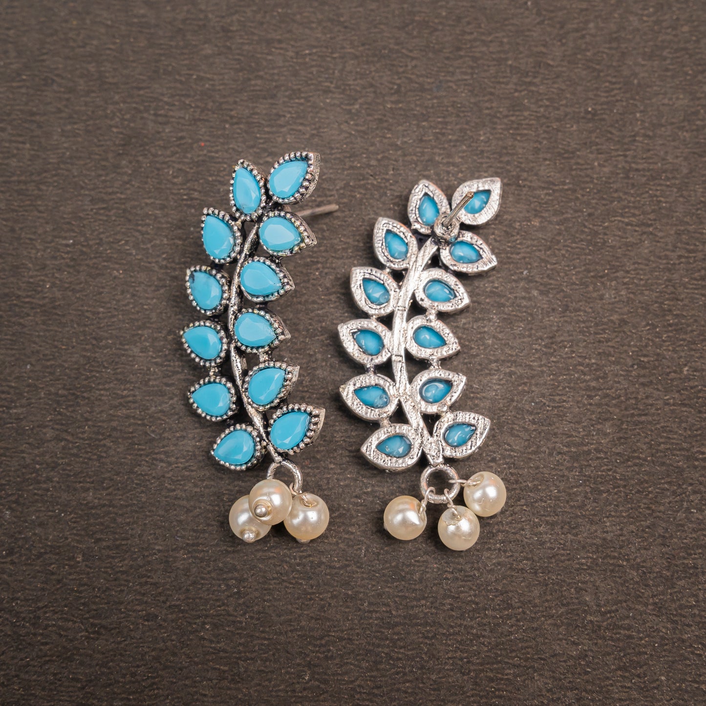 Sky Blue Stone Studded Leaves Shaped Earrings