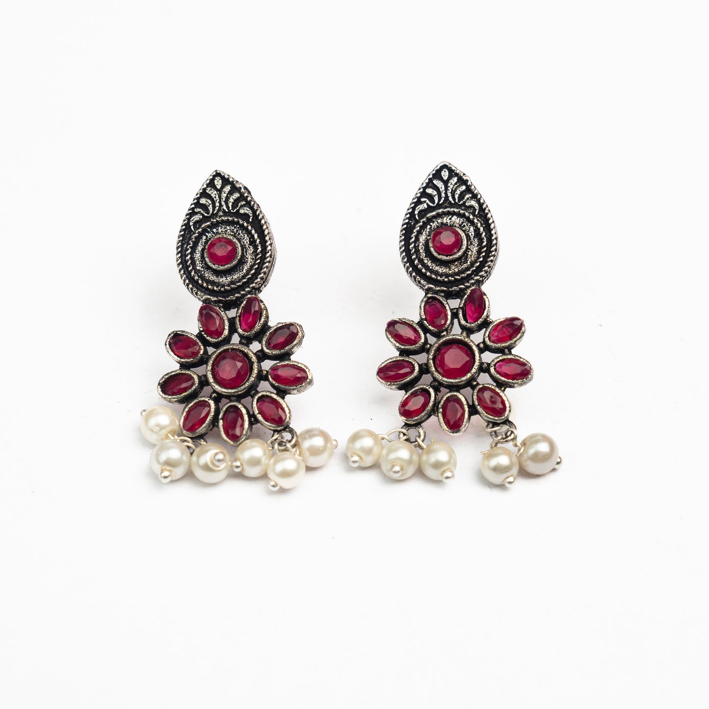 Drew flower pearl stud earrings (Red)