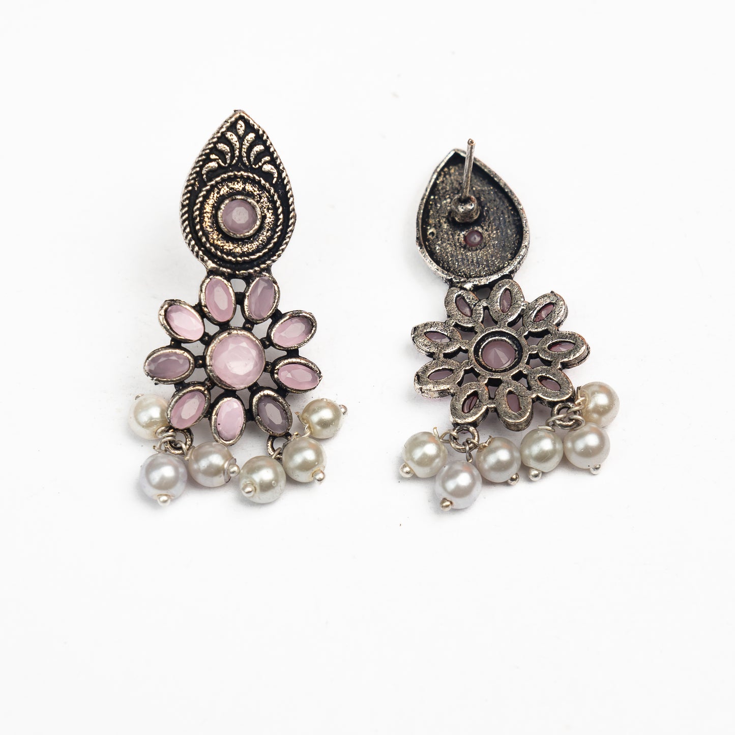 Baby Pink Stone Studded Oxidised Earrings With Hanging Pearls
