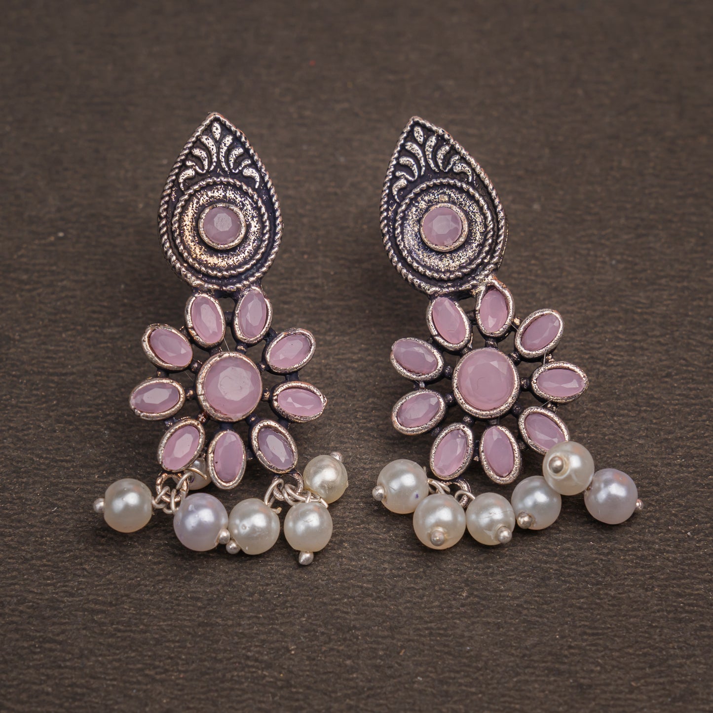 Baby Pink Stone Studded Oxidised Earrings With Hanging Pearls