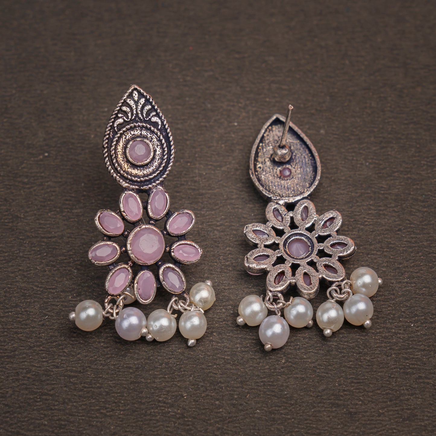 Baby Pink Stone Studded Oxidised Earrings With Hanging Pearls