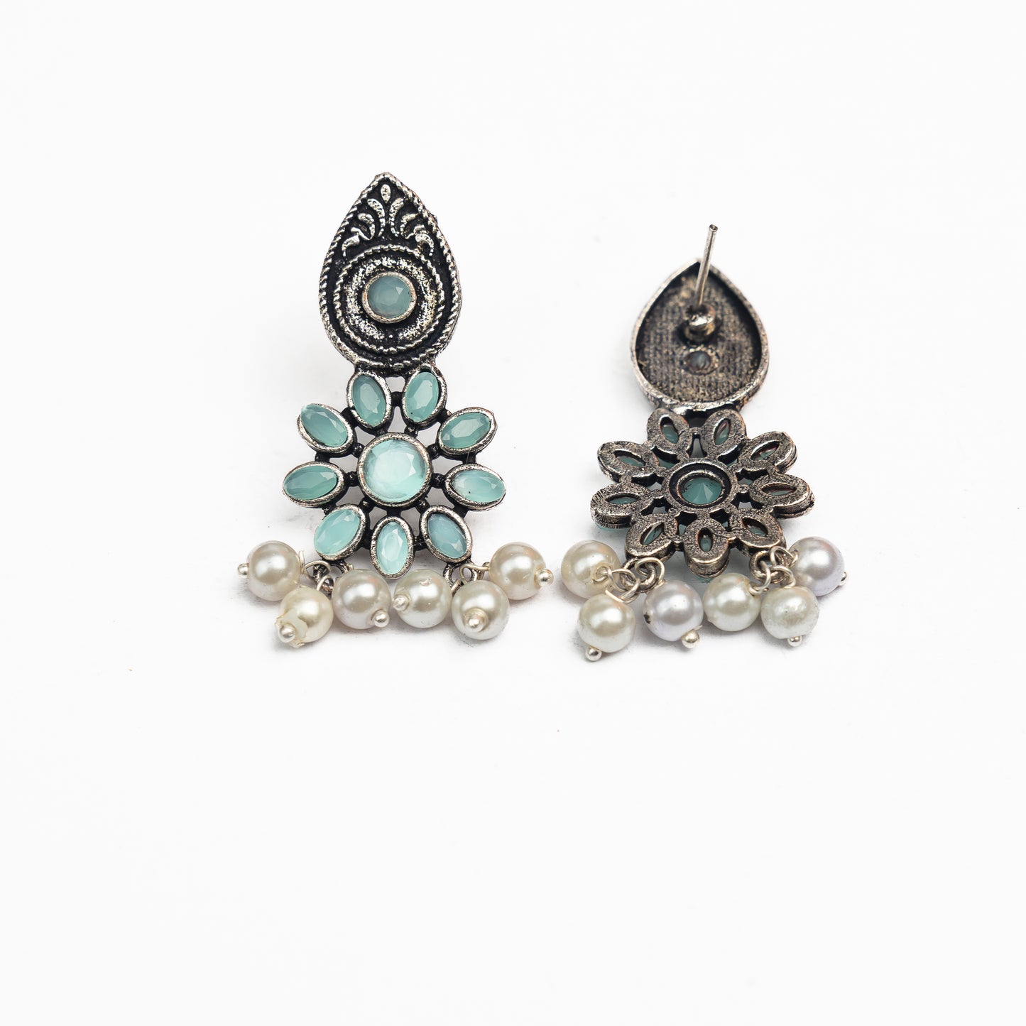 Mint Stone Studded Oxidised Earrings With Hanging Pearls
