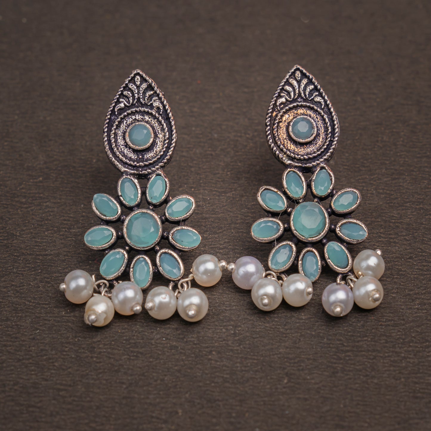Mint Stone Studded Oxidised Earrings With Hanging Pearls