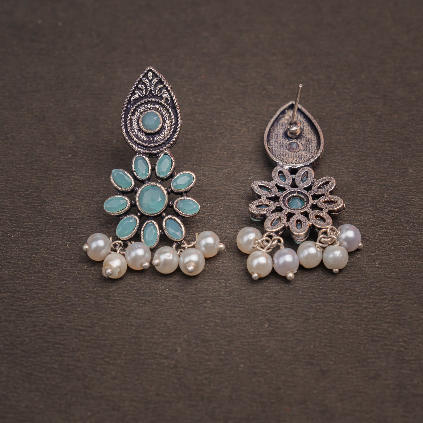 Mint Stone Studded Oxidised Earrings With Hanging Pearls