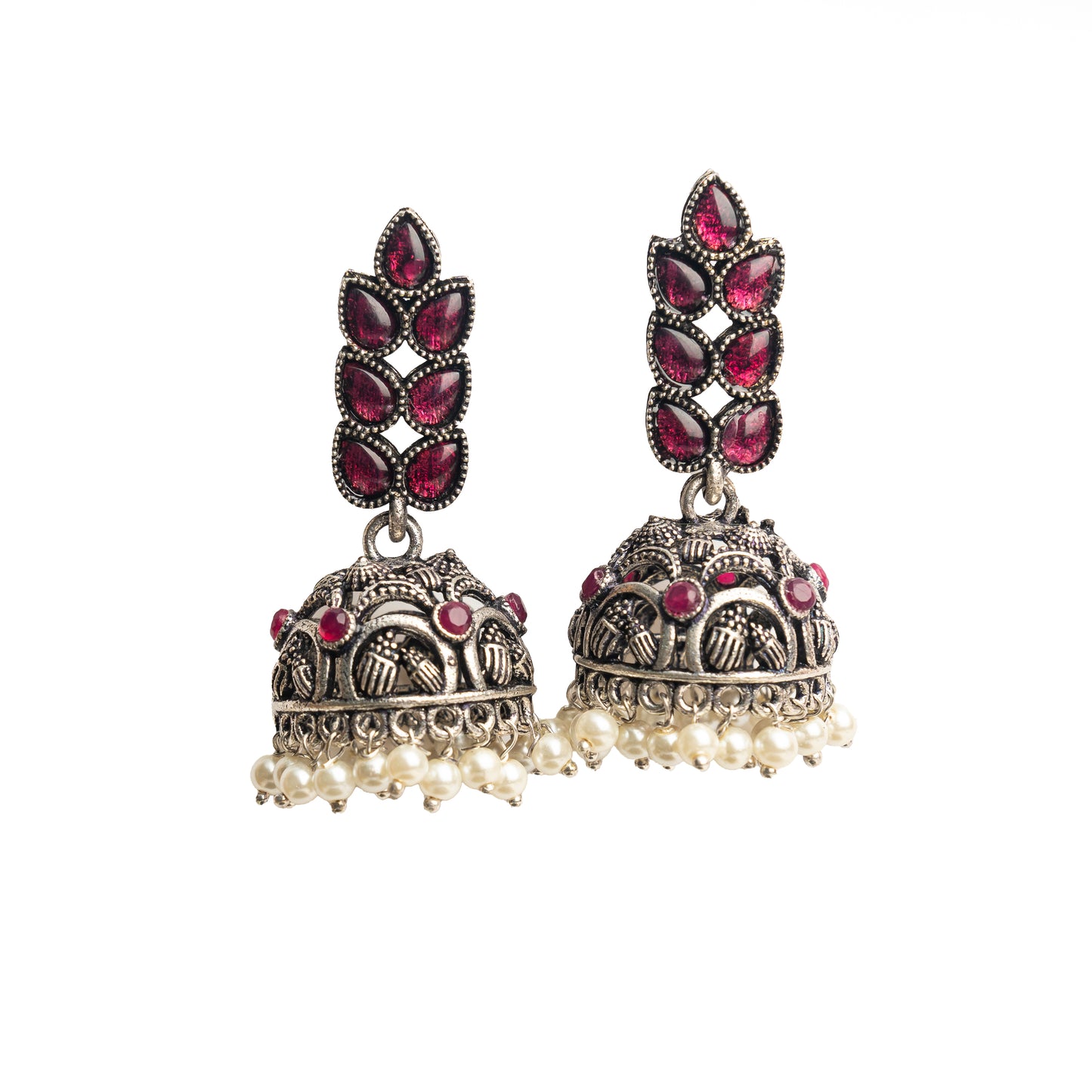 Red Stone Studded German Silver Danglers With Stone Embedded Brass Jhumki