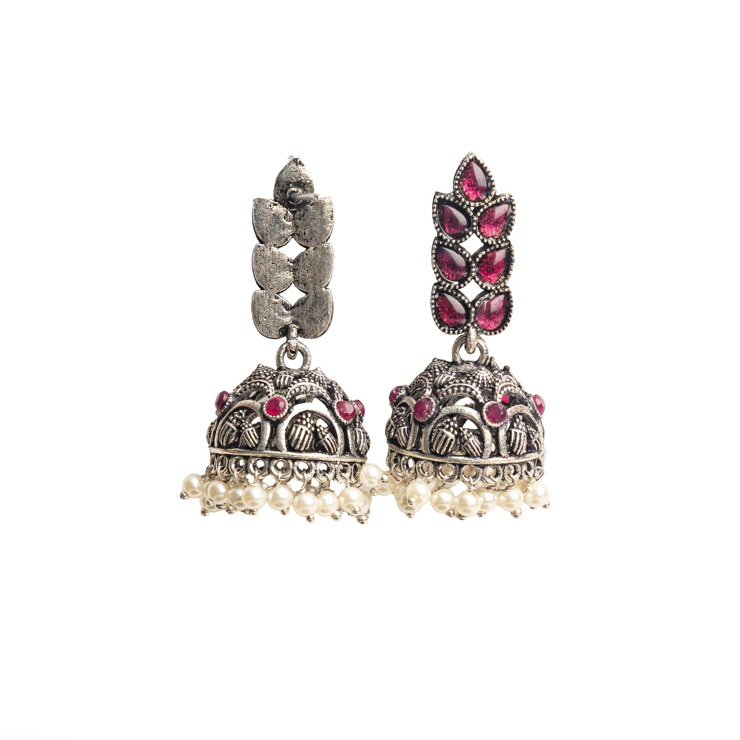Red Stone Studded German Silver Danglers With Stone Embedded Brass Jhumki