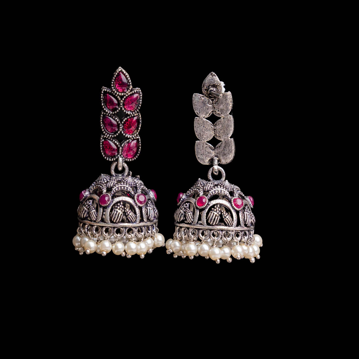 Red Stone Studded German Silver Danglers With Stone Embedded Brass Jhumki
