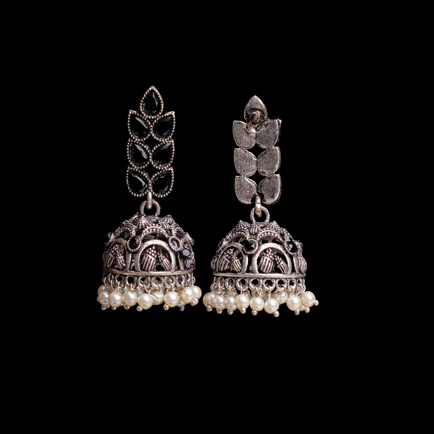 Black Stone Studded German Silver Danglers With Stone Embedded Brass Jhumki