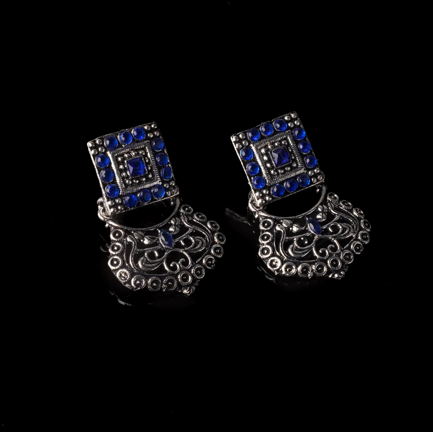 Blue Stone Studded Oxidised Earrings