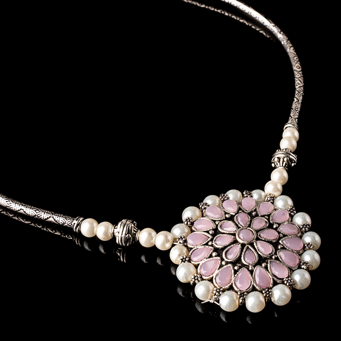 Crystal bloom oxidised chain neckpiece (Baby Pink)