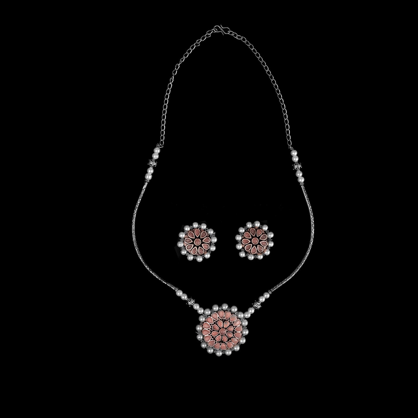 Crystal bloom oxidised chain neckpiece (Light Orange)