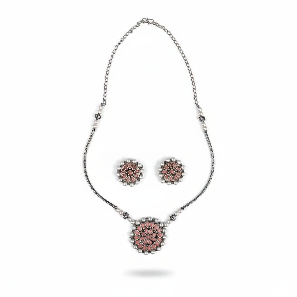 Crystal bloom oxidised chain neckpiece (Light Orange)