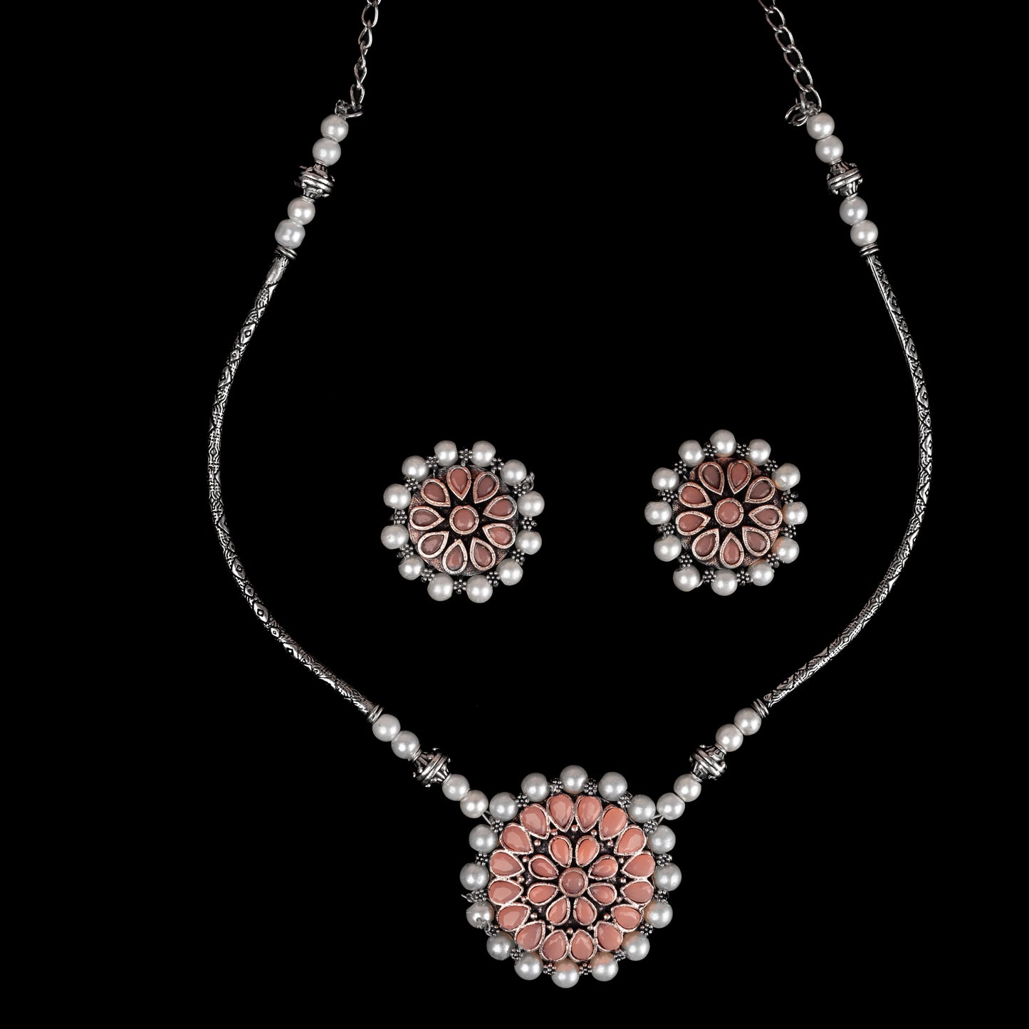 Crystal bloom oxidised chain neckpiece (Light Orange)