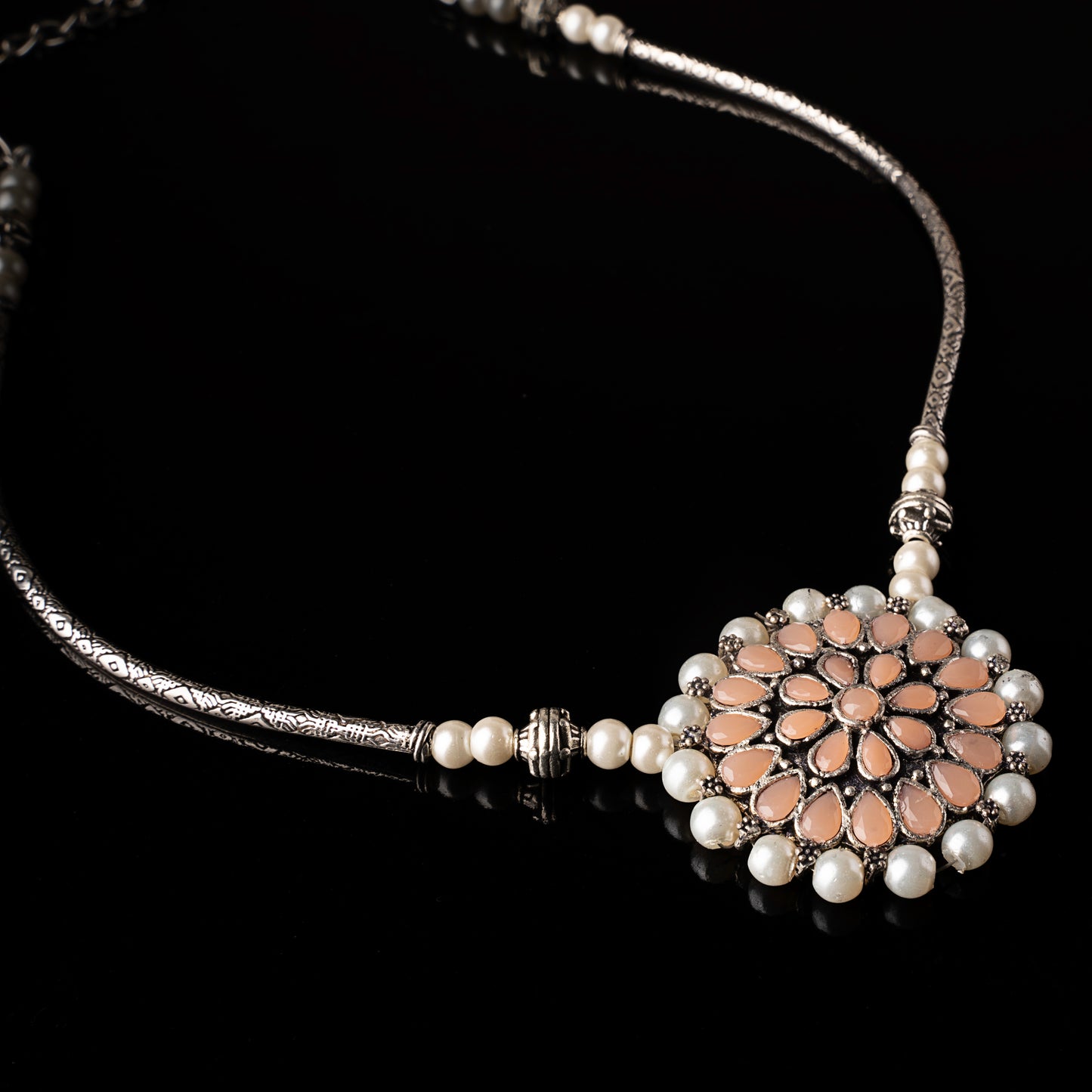Crystal bloom oxidised chain neckpiece (Light Orange)