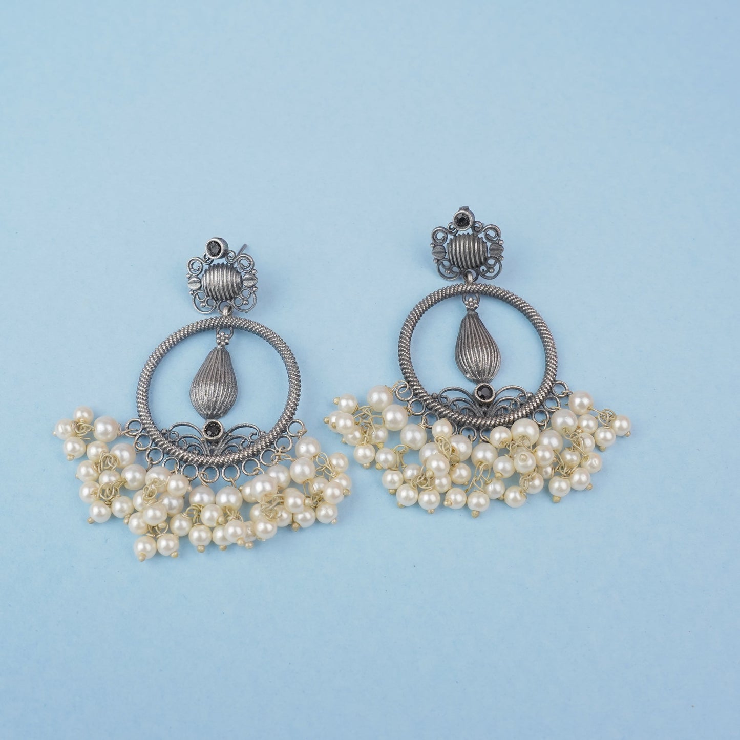 Black Stone studded Brass Silver look Statement Earrings