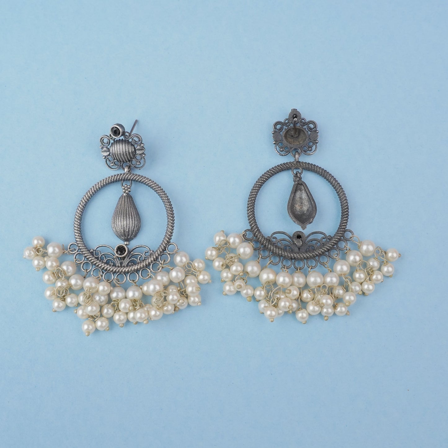 Black Stone studded Brass Silver look Statement Earrings