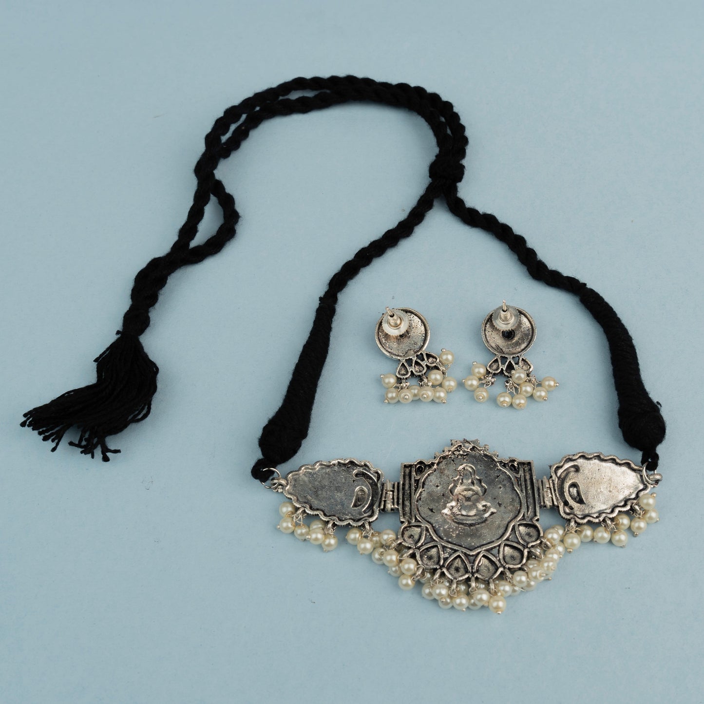 Black Stone studded Laxmi Motif German Silver Neckpiece set