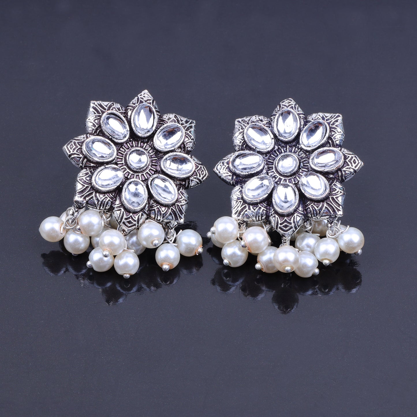 White Stone Studded Oxidised Earrings With Hanging Pearls
