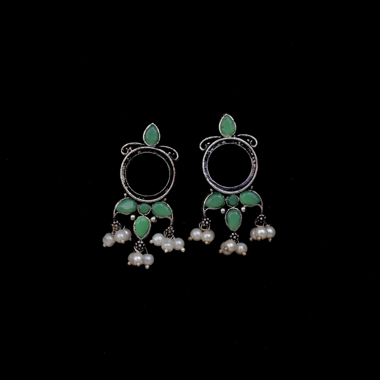 Pista Stone Studded Oxidised Earrings With Hanging Pearls