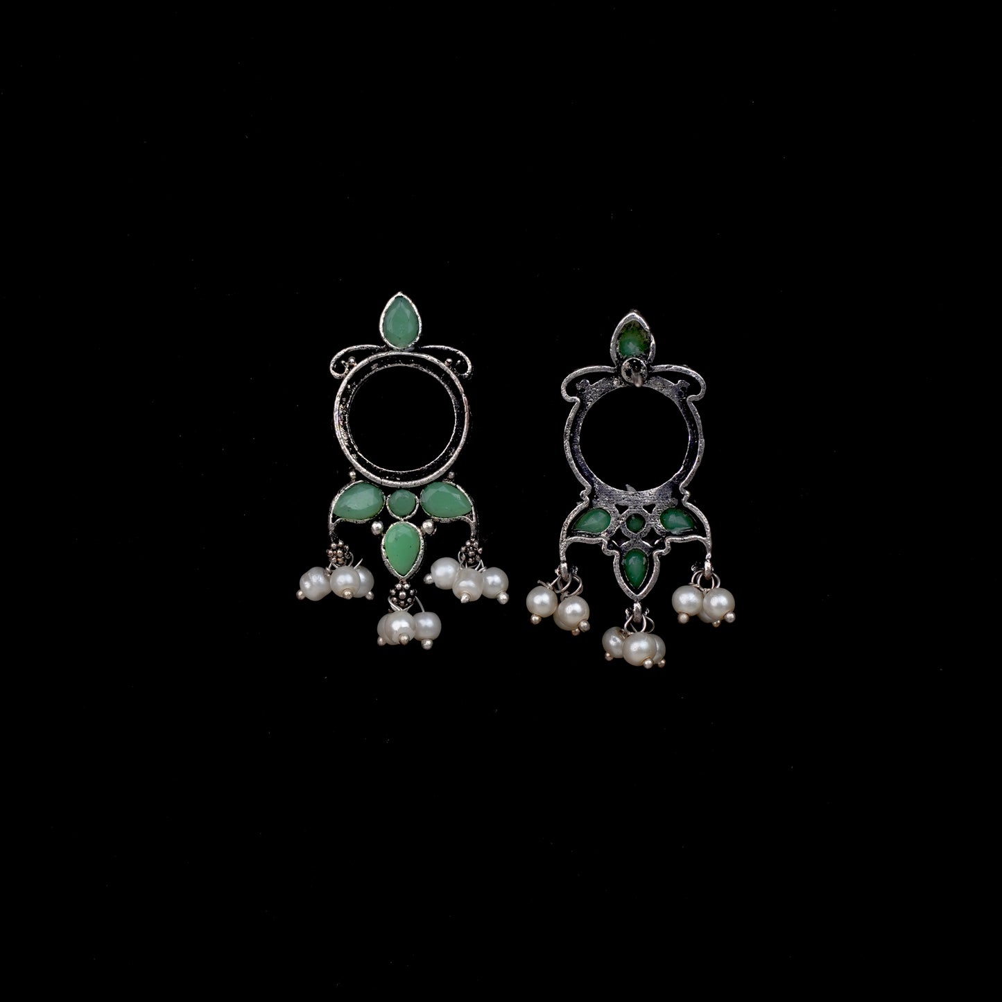 Pista Stone Studded Oxidised Earrings With Hanging Pearls