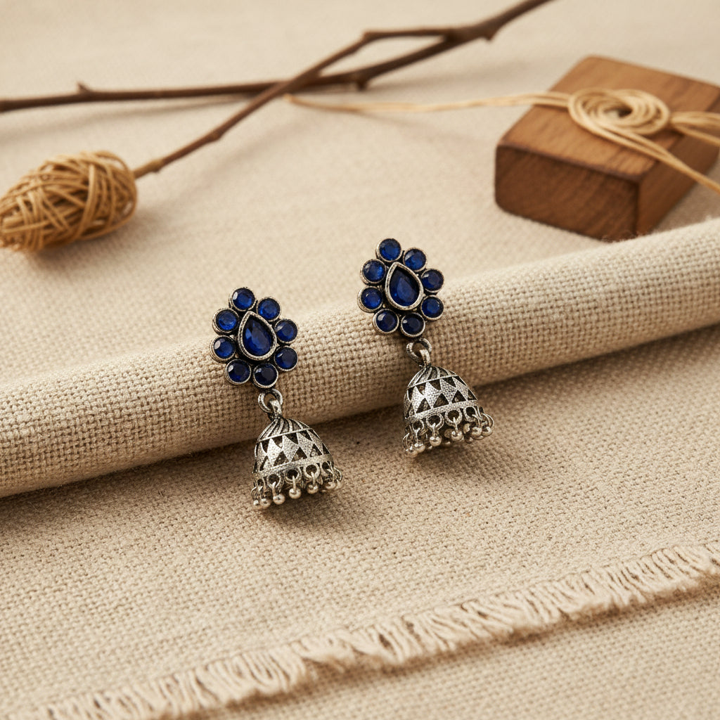 Oxidized Blue Stone Floral Stud Jhumka Earrings