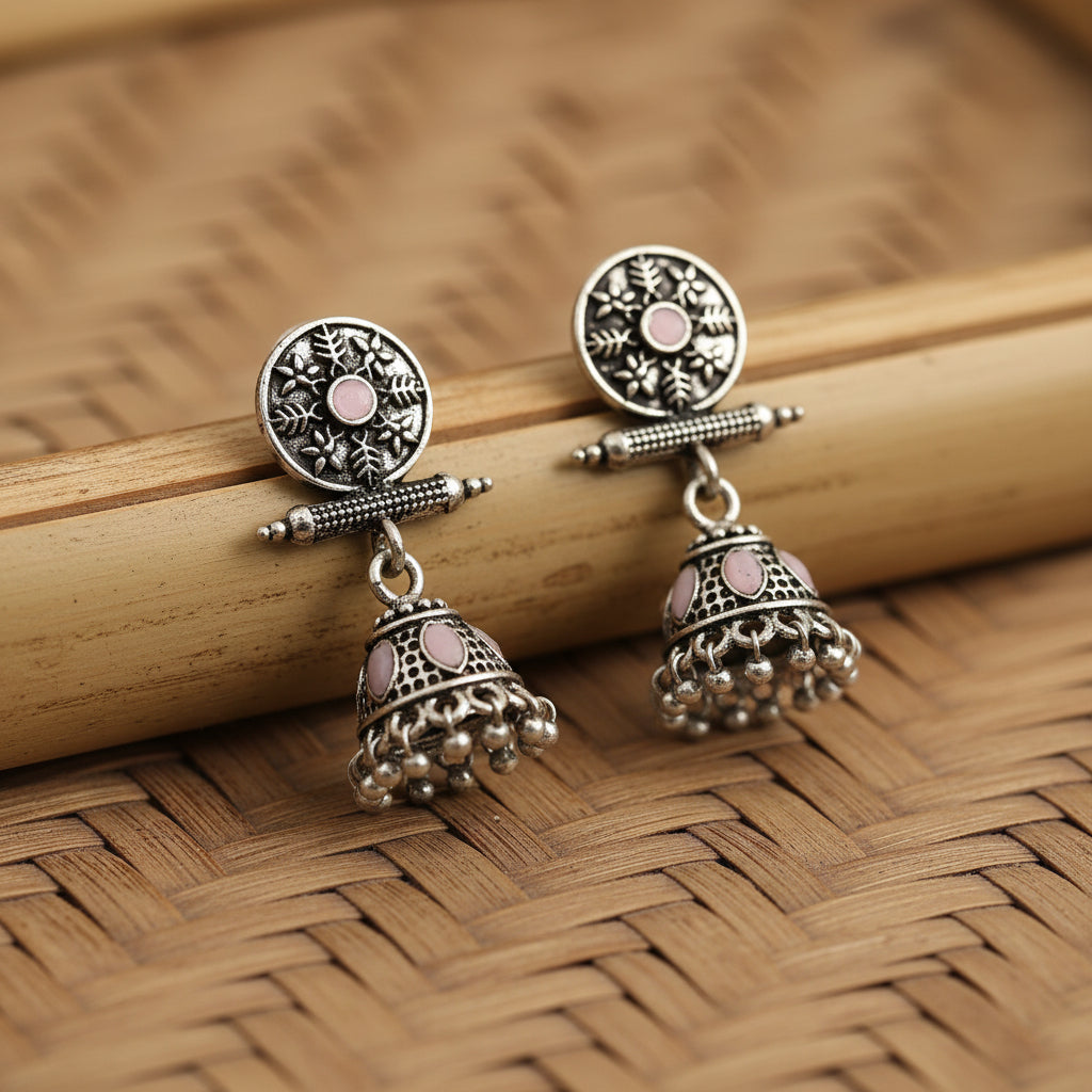Oxidised antique floral jhumka earring with Baby Pink stones