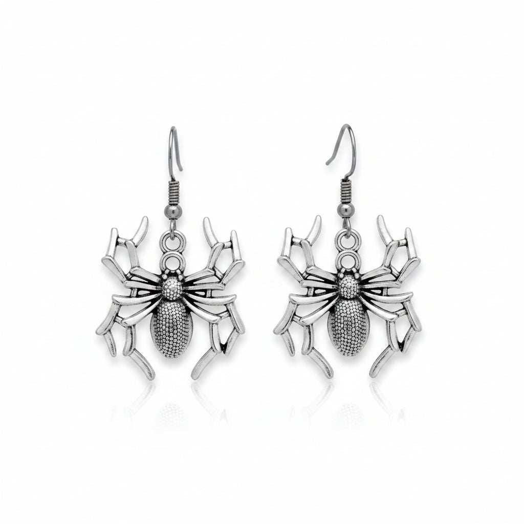 Silver Oxidised Spider Drop Earrings