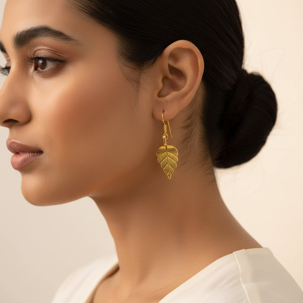 Gold-Plated Leaf Shaped Drop Earrings for Women