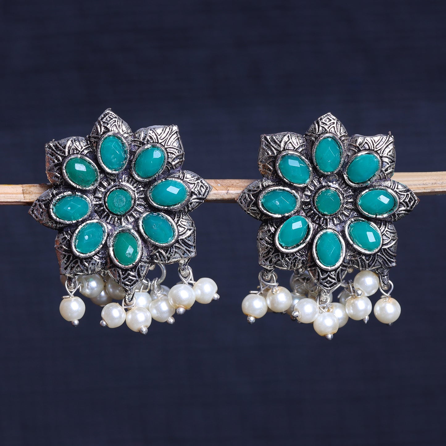 Green Stone Studded Oxidised Earrings With Hanging Pearls