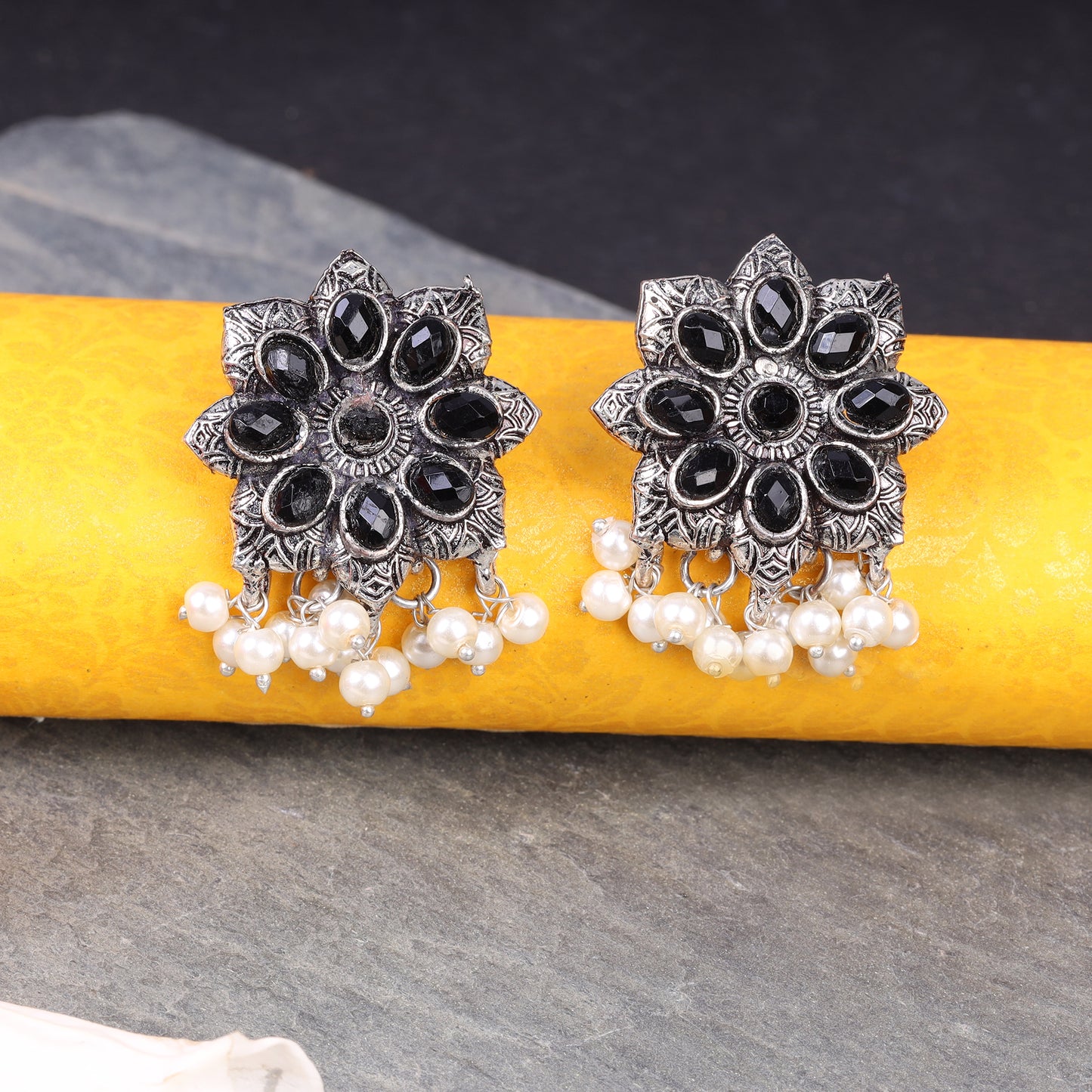 Black Stone Studded Oxidised Earrings With Hanging Pearls