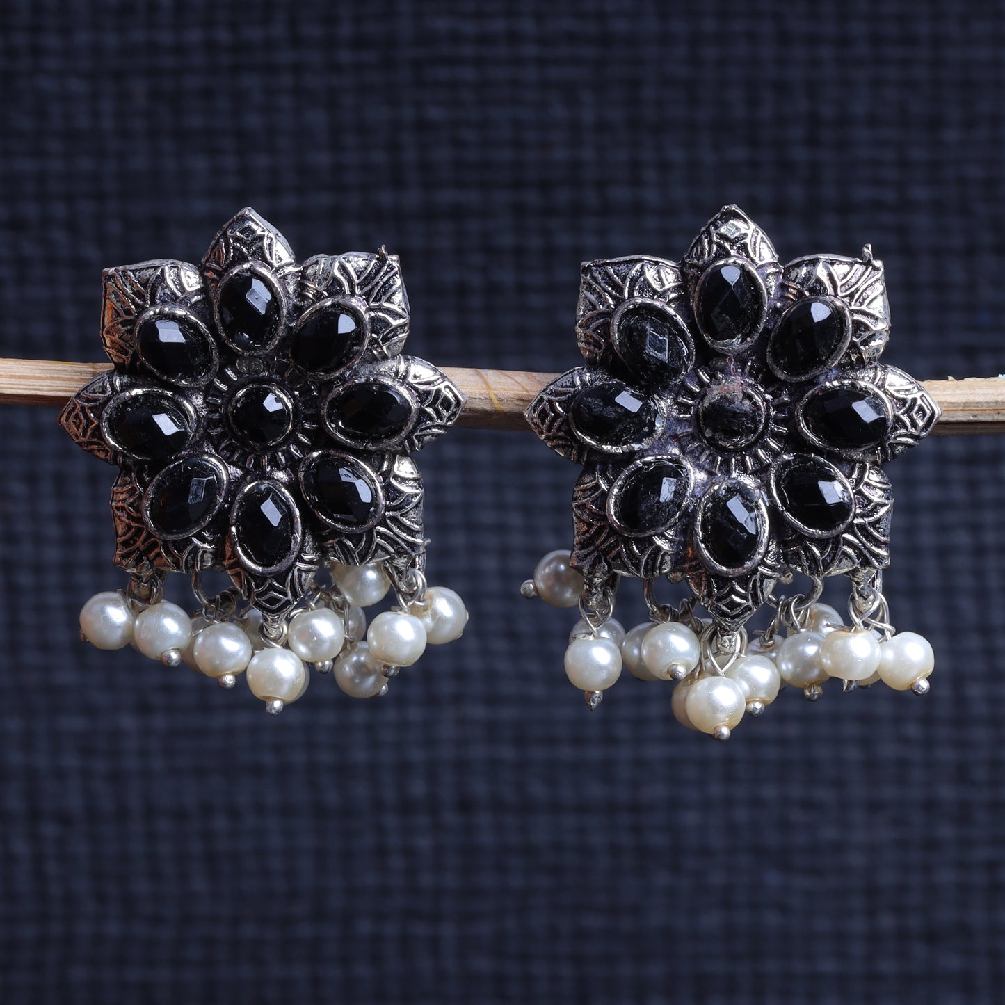 Black Stone Studded Oxidised Earrings With Hanging Pearls