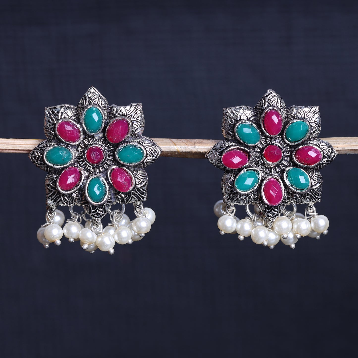 Multicolored Stone Studded Oxidised Earrings With Hanging Pearls