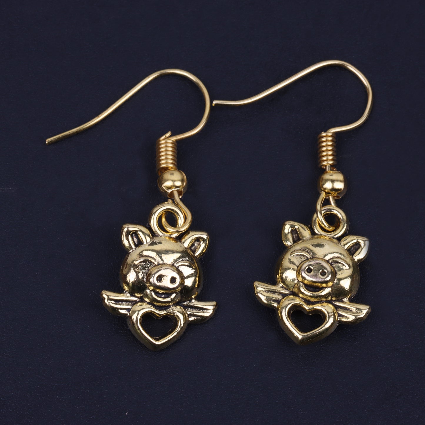 Pig Heart Shaped Golden Polished Oxidised Danglers
