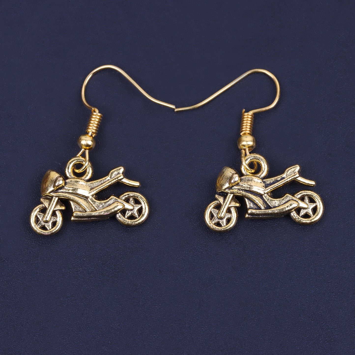 Sports Bike Shaped Golden Polished Oxidised Danglers